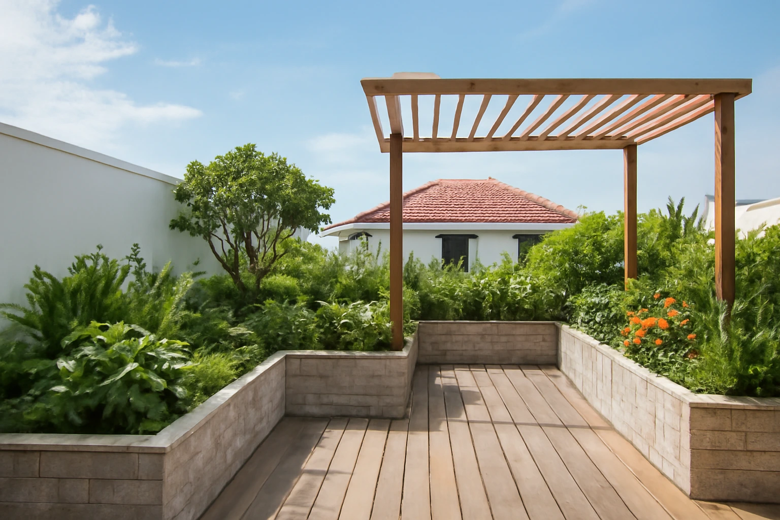 Sân thượng nhà phố làm vườn: chống thấm, tải trọng, chống nóng và bố trí cây cho bền